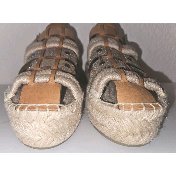 EUC TORY BURCH Fisherman Platform Espadrille Sandals Ivory Tan Leather Wedge 6.5 - Picture 4 of 12